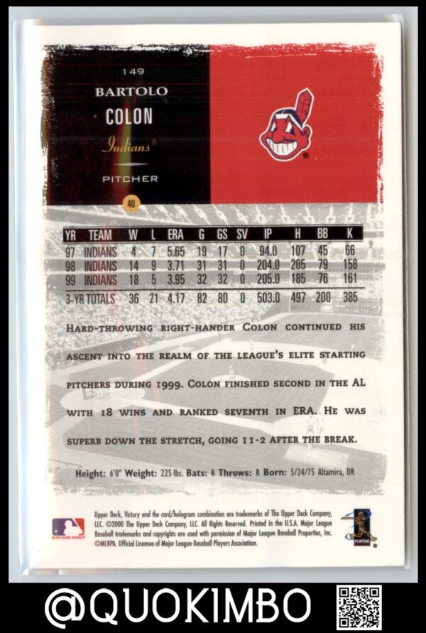 sports_2000_upperdeckvictory_149_bartolocolon_reg_back 2000 Upper Deck Victory #149 – Bartolo Colon